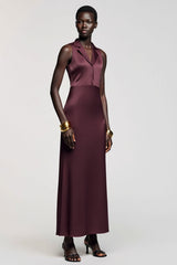Dunkelrotes Satin Hochzeitsgastkleid aus Satin mit gekerbtem Revers
