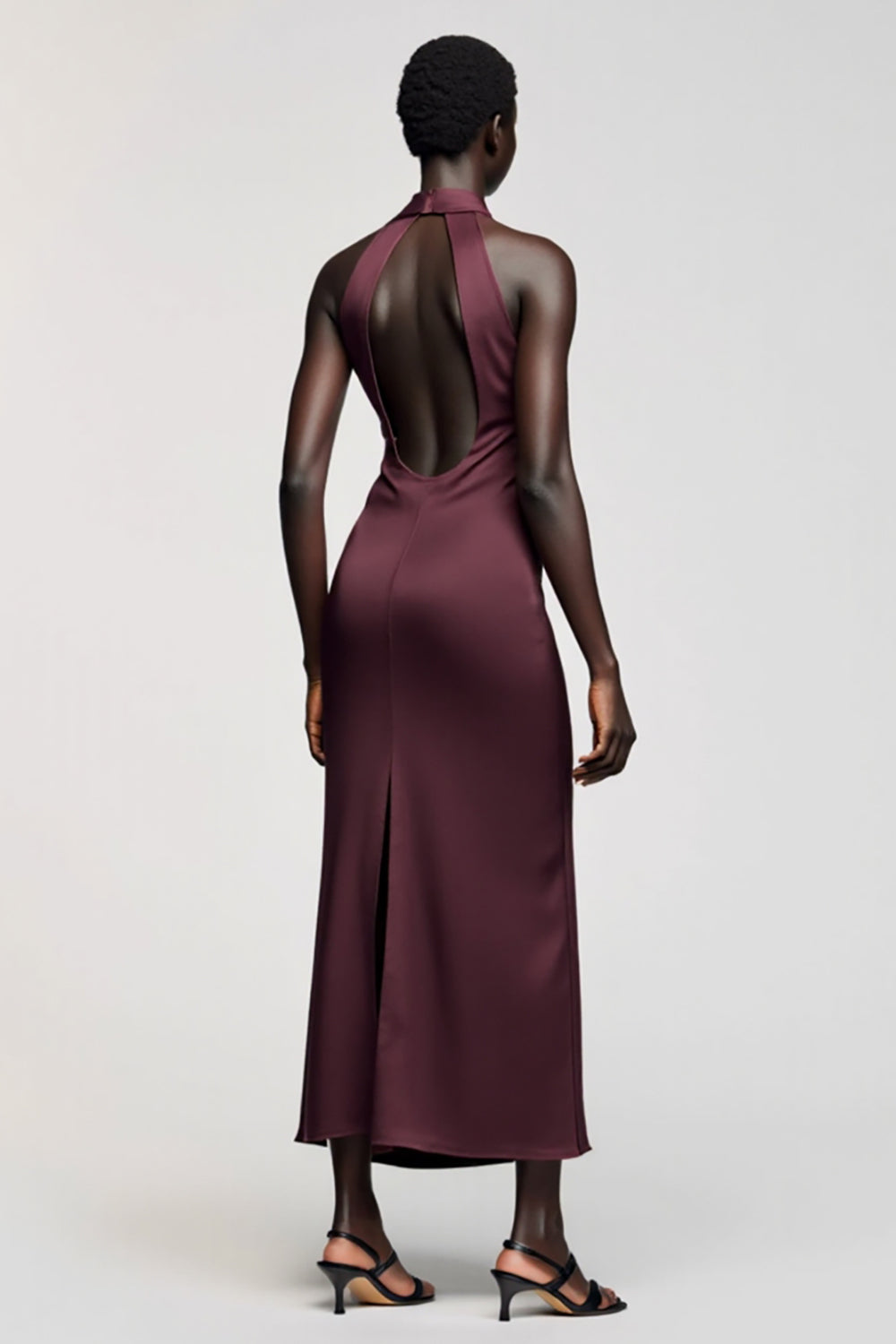 Dunkelrotes Satin Hochzeitsgastkleid aus Satin mit gekerbtem Revers