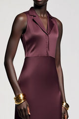 Dunkelrotes Satin Hochzeitsgastkleid aus Satin mit gekerbtem Revers
