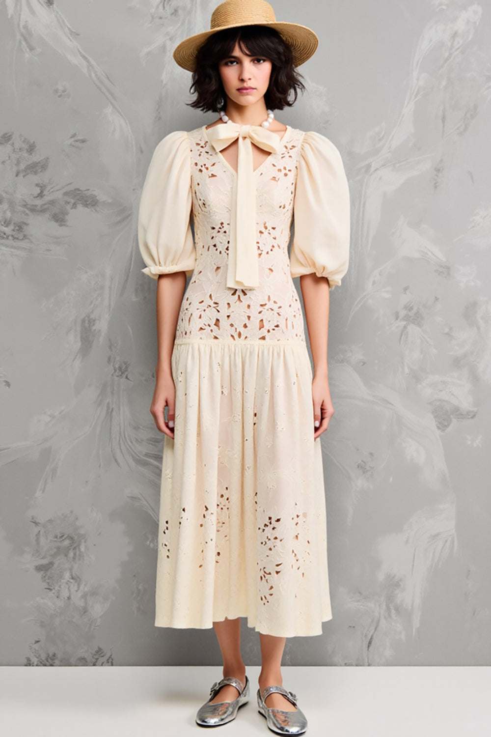 Spitze Aprikose A Line Midi Kleid für Hochzeitsgäste