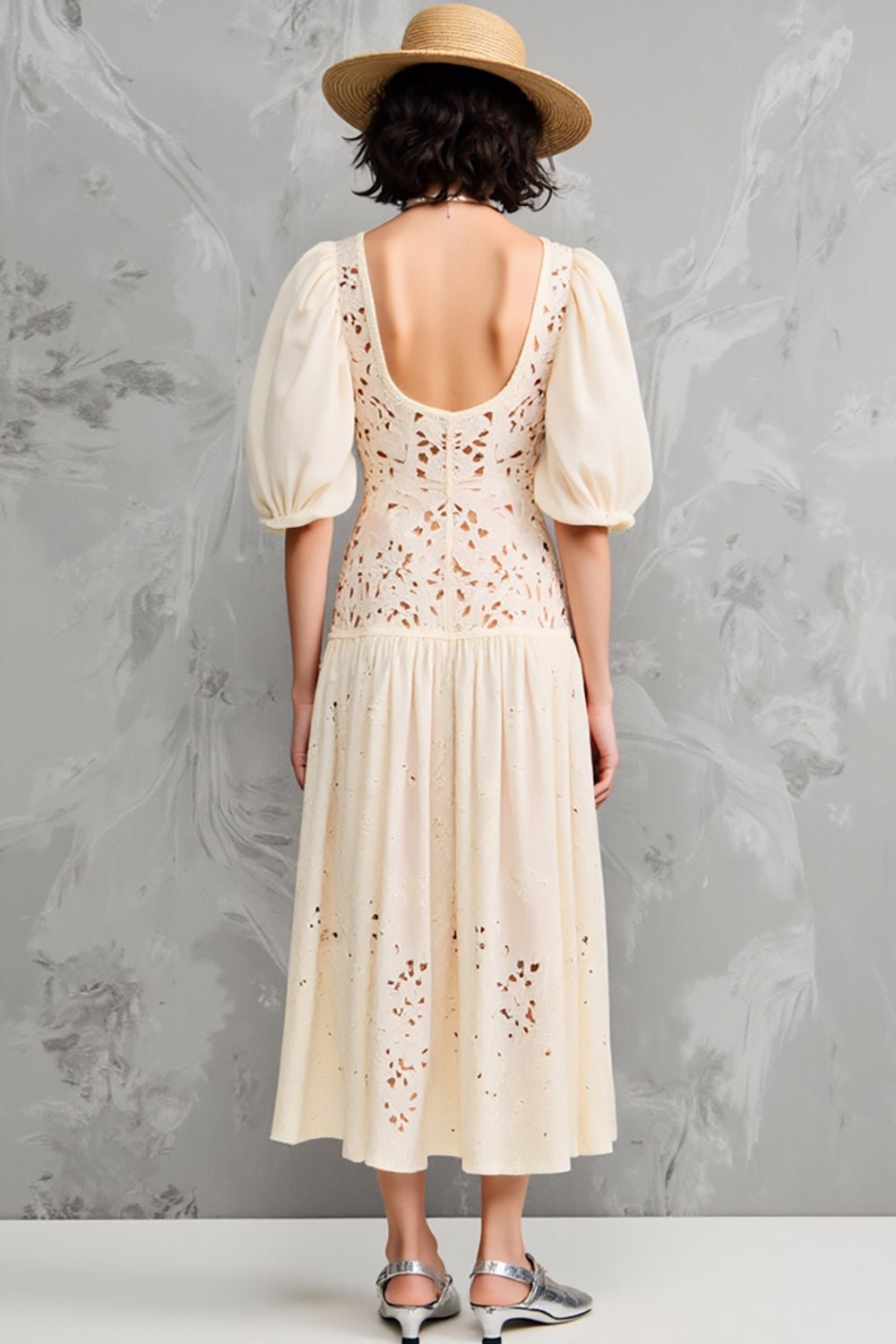 Spitze Aprikose A Line Midi Kleid für Hochzeitsgäste