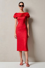 Rotes Etui Midi Kleid für Hochzeitsgäste mit Wasserfallausschnitt