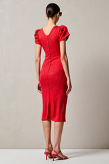 Rotes Etui Midi Kleid für Hochzeitsgäste mit Wasserfallausschnitt