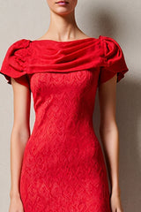 Rotes Etui Midi Kleid für Hochzeitsgäste mit Wasserfallausschnitt