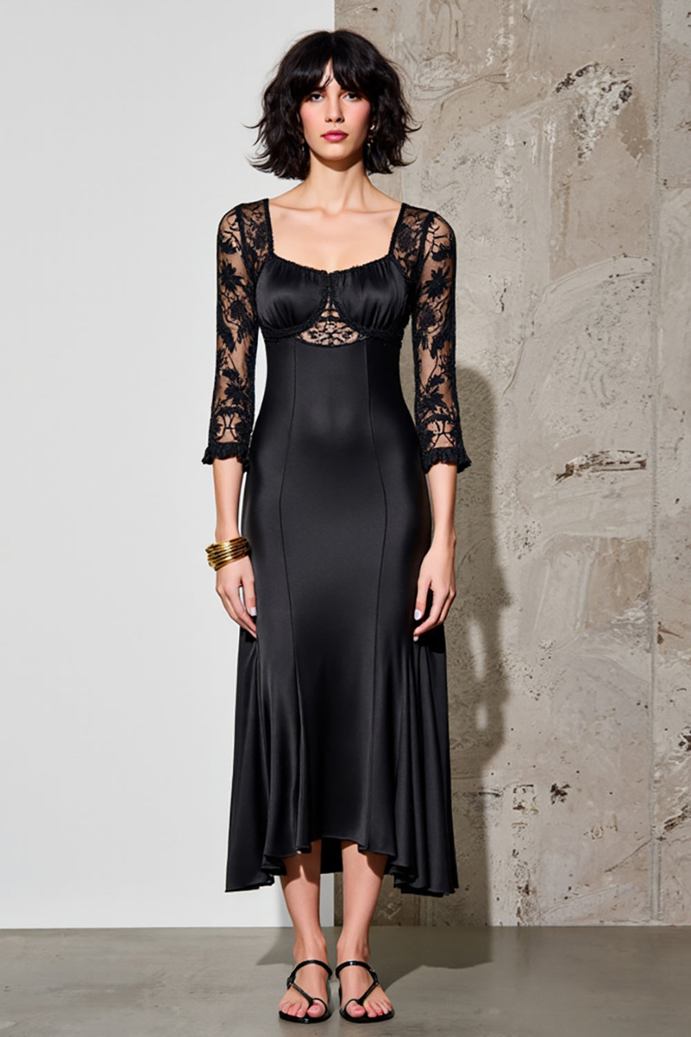 Schwarzes Etui Midi Kleid für Hochzeitsgäste mit Spitze