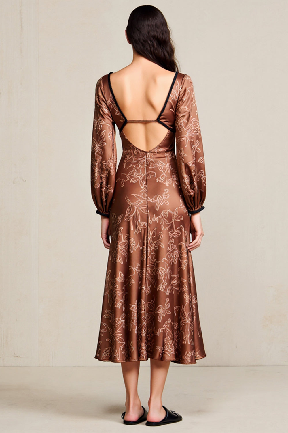 Drucken Kaffee Langärmeliges Satin Kleid für Hochzeitsgäste
