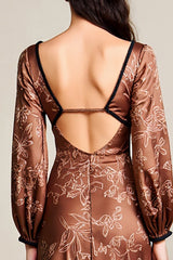 Drucken Kaffee Langärmeliges Satin Kleid für Hochzeitsgäste