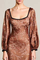 Drucken Kaffee Langärmeliges Satin Kleid für Hochzeitsgäste