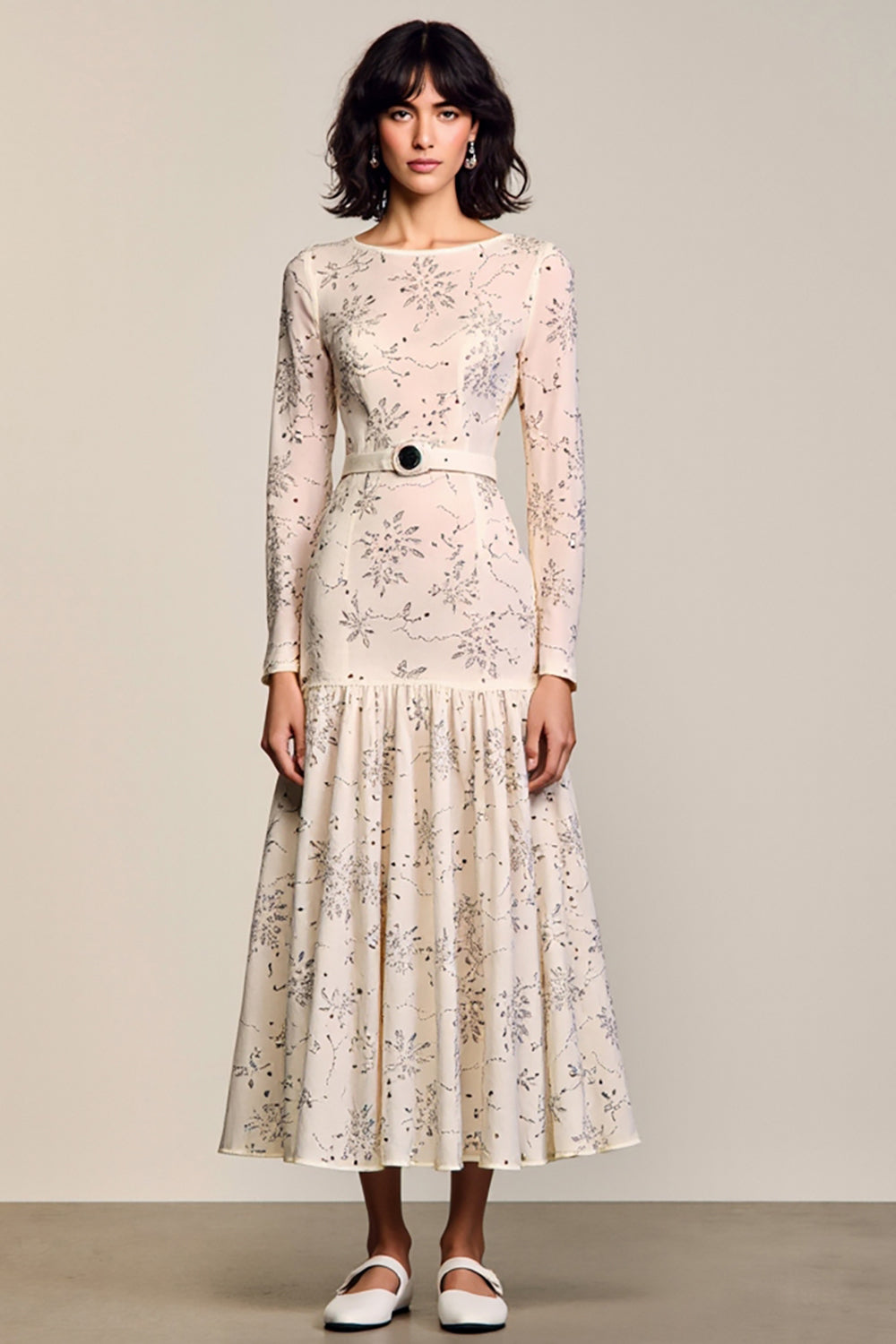 Aprikose Blumen Langarm A Linie Hochzeitsgastkleid mit Gürtel