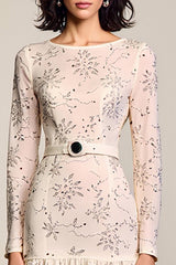 Aprikose Blumen Langarm A Linie Hochzeitsgastkleid mit Gürtel