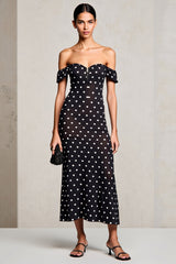 Schwarzes Schulterfreies Etui Polka Dots Hochzeitsgastkleid