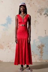Rotes A-Linie Hochzeitsgastkleid mit V-Ausschnitt und Gürtel