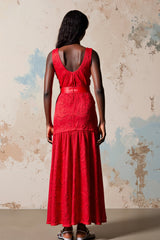Rotes A-Linie Hochzeitsgastkleid mit V-Ausschnitt und Gürtel
