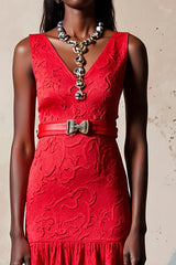 Rotes A-Linie Hochzeitsgastkleid mit V-Ausschnitt und Gürtel