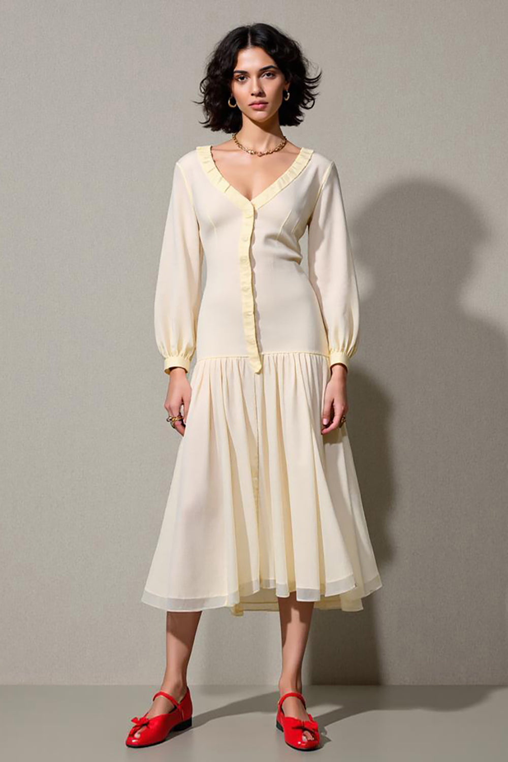 Elfenbein A-Linie Langärmeliges Kleid für Hochzeitsgäste