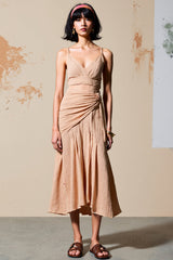 Champagner Spaghettiträger Rüschen Hochzeitsgastkleid