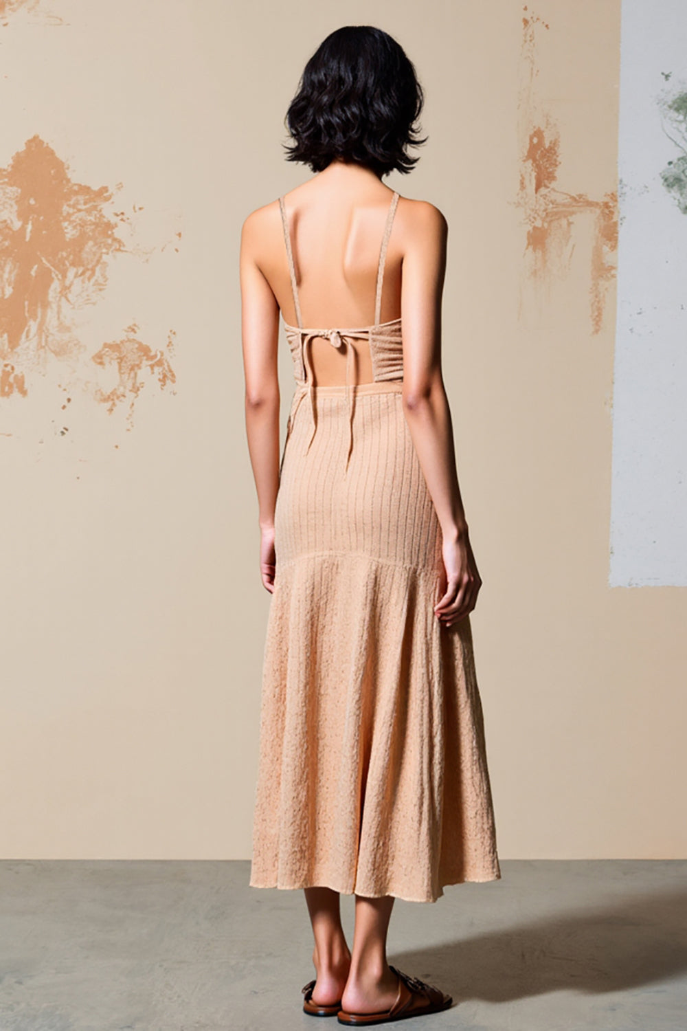 Champagner Spaghettiträger Rüschen Hochzeitsgastkleid