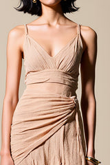 Champagner Spaghettiträger Rüschen Hochzeitsgastkleid