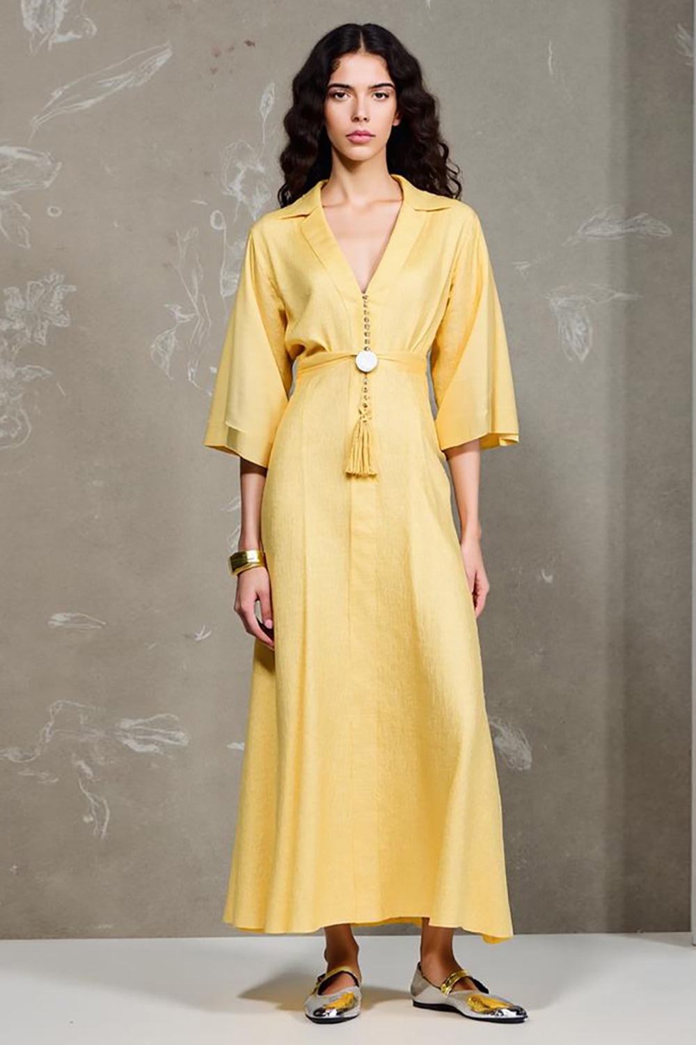 Gelbes A-Linie Revers Kleid für Hochzeitsgäste
