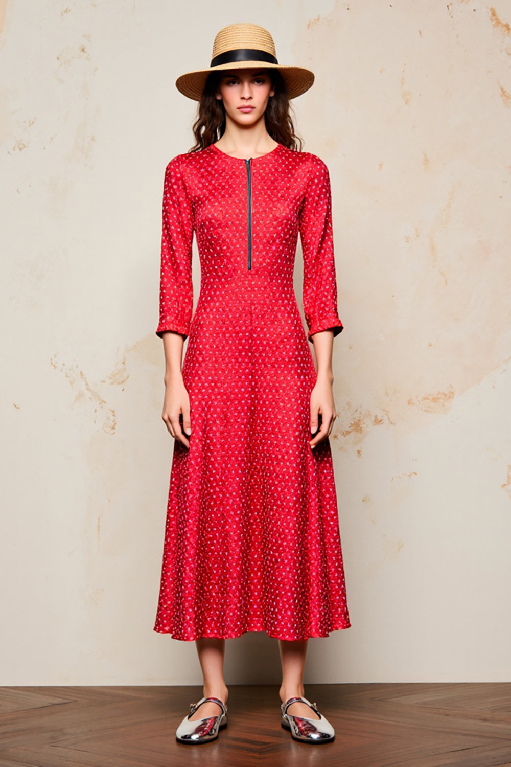 Rotes A-Linie Kleid für Hochzeitsgäste mit 3/4 Ärmeln