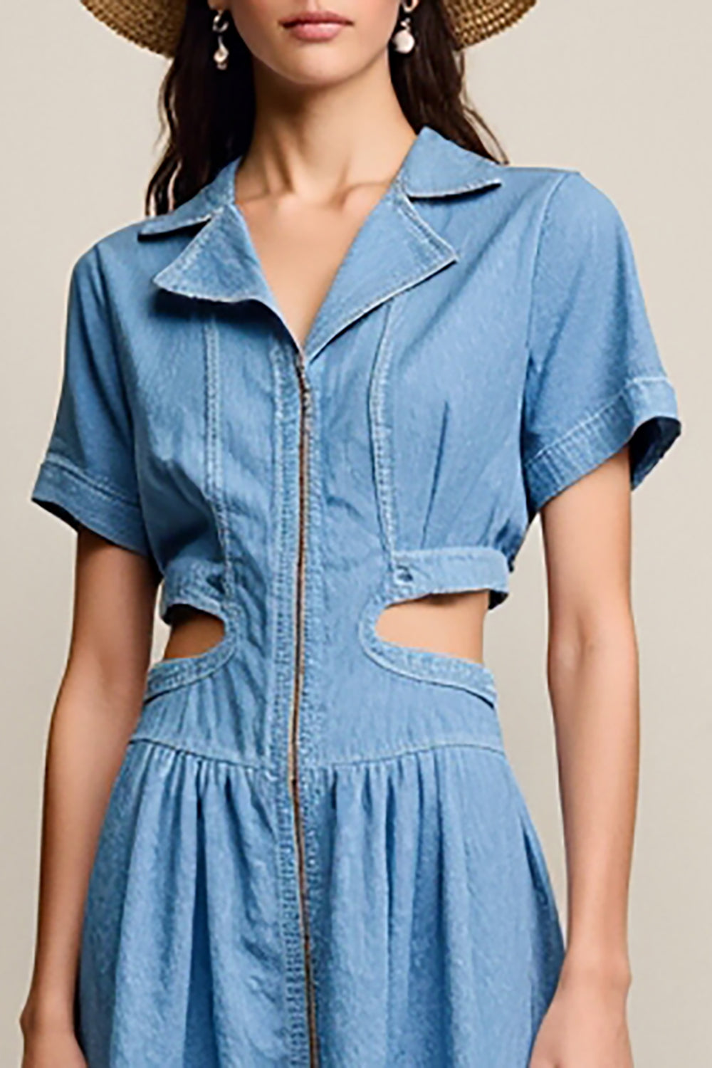 Blaues Gekerbtes Revers A Linie Cut Out Hochzeitsgastkleid