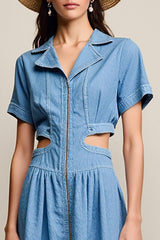 Blaues Gekerbtes Revers A Linie Cut Out Hochzeitsgastkleid