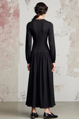 Schwarzes A Linie Langarmkleid für Hochzeitsgäste mit Wasserfallausschnitt