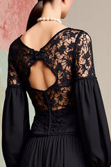Schwarzes A Linie Langarmkleid für Hochzeitsgäste mit Spitze