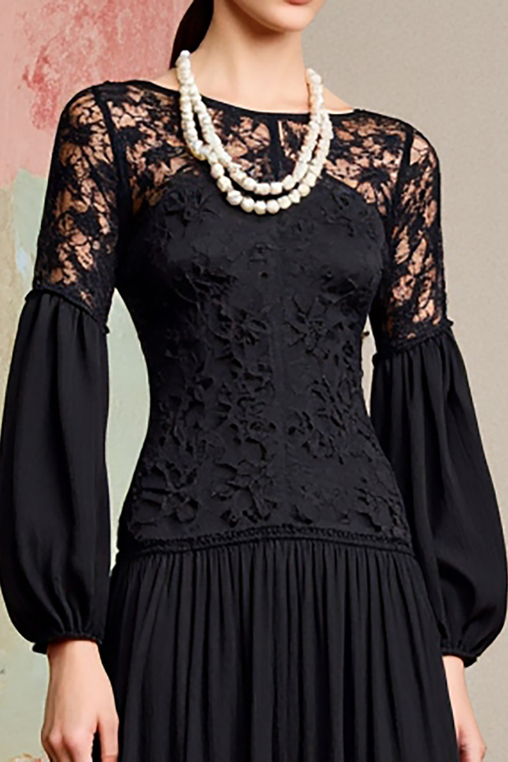 Schwarzes A Linie Langarmkleid für Hochzeitsgäste mit Spitze