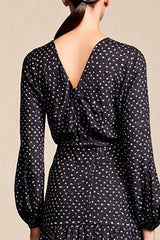 Schwarzes A-Linie Langärmeliges Kleid für Hochzeitsgäste mit weißen Tupfen