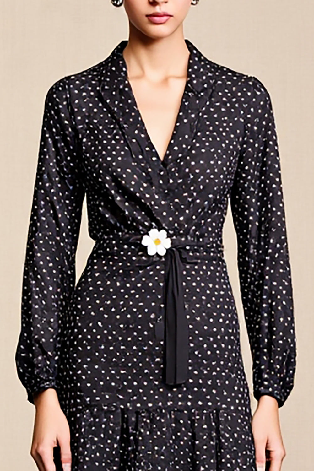 Schwarzes A-Linie Langärmeliges Kleid für Hochzeitsgäste mit weißen Tupfen