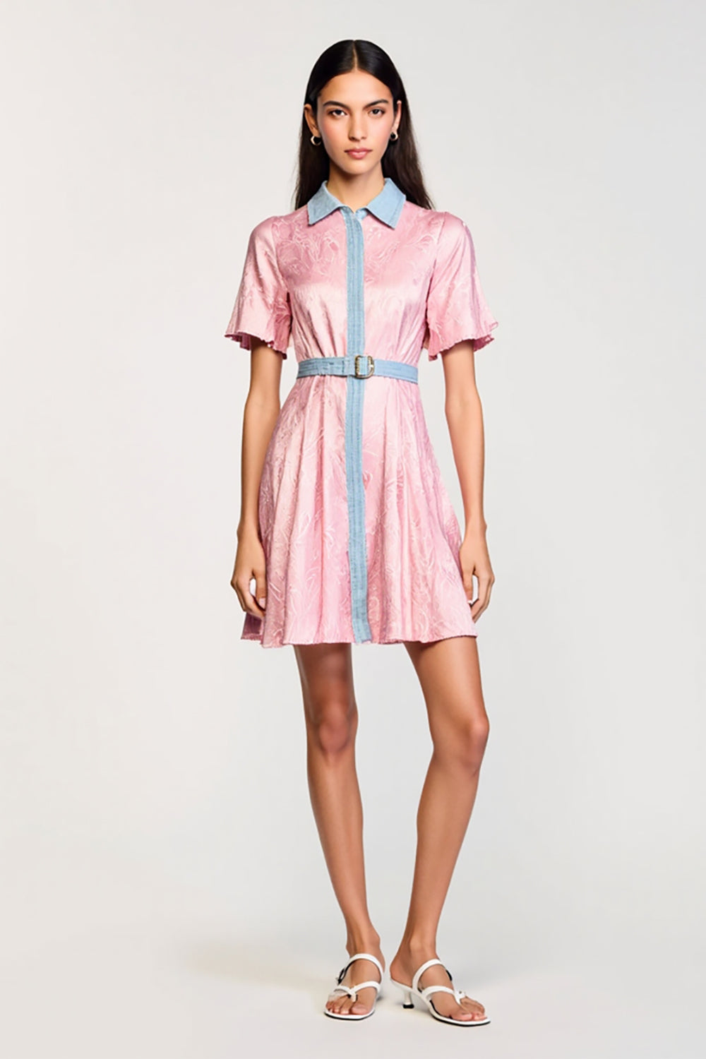 Rosa Polokragen Satin Hochzeitsgastkleid mit Gürtel