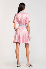 Rosa Polokragen Satin Hochzeitsgastkleid mit Gürtel