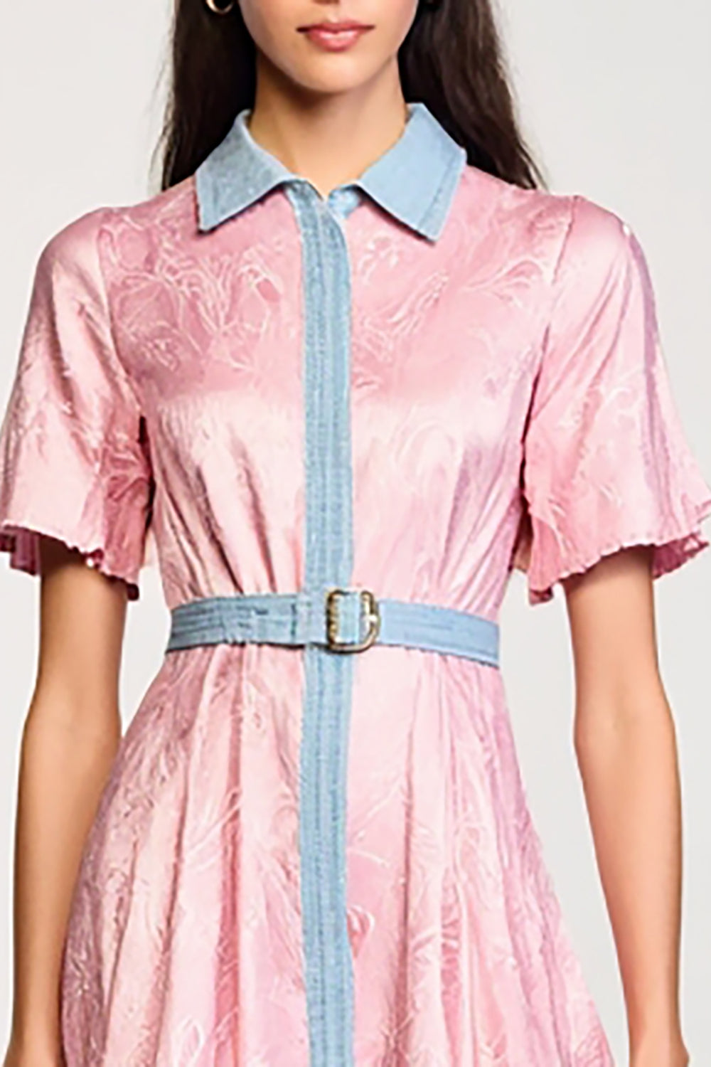 Rosa Polokragen Satin Hochzeitsgastkleid mit Gürtel