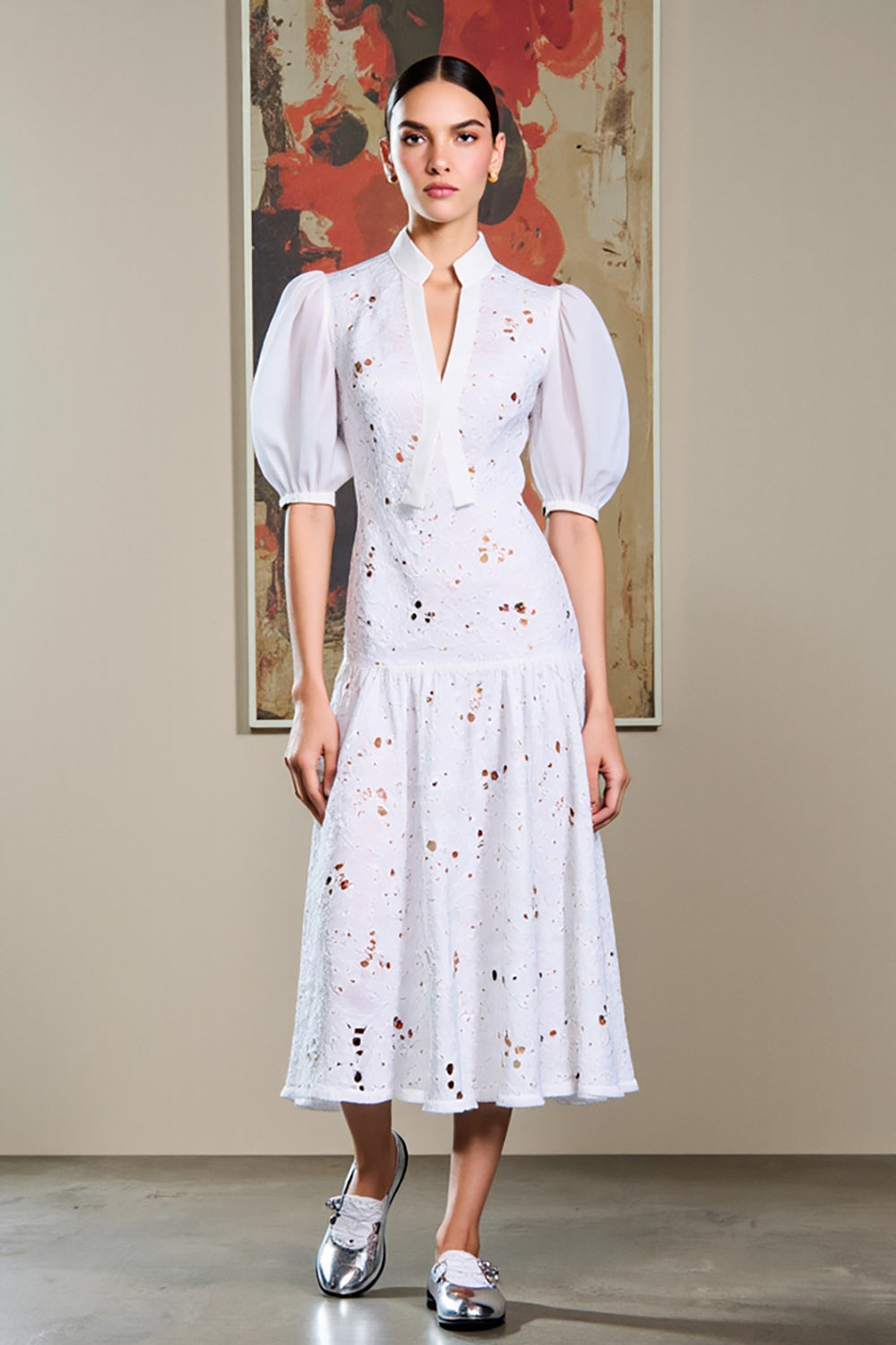 Weißes A-Linie Bedrucktes Hochzeitsgastkleid