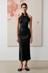 Schwarzes Neckholder Hochzeitsgastkleid mit Spitze