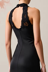 Schwarzes Neckholder Hochzeitsgastkleid mit Spitze