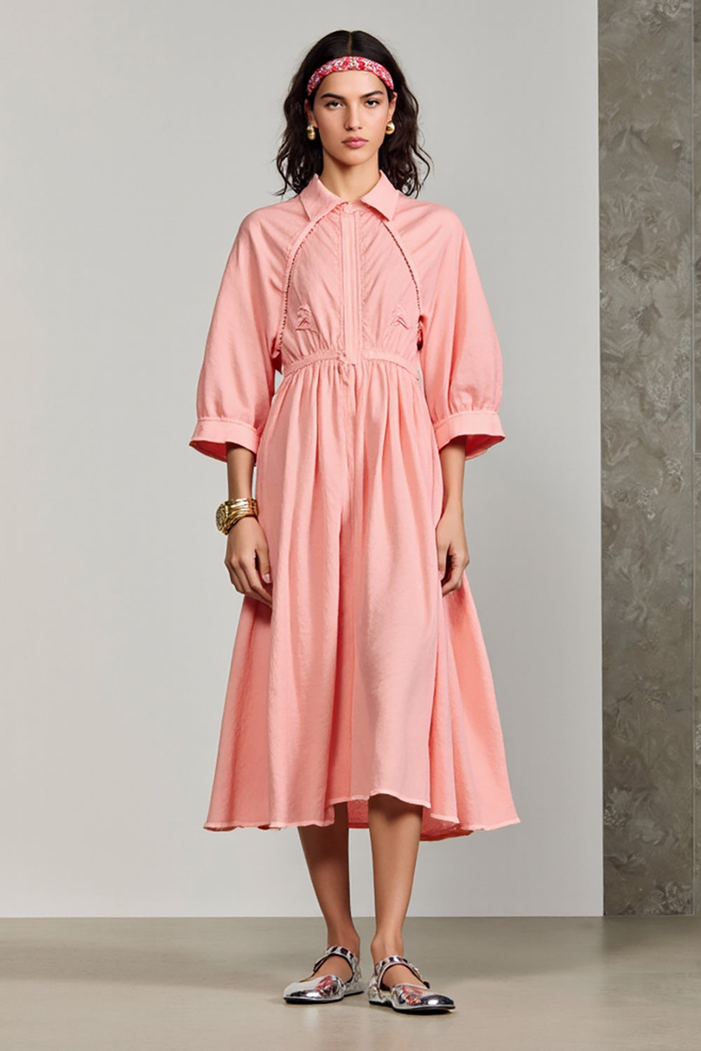 Rosa Polokragen A-Linie 3/4 Ärmel Hochzeitsgastkleid