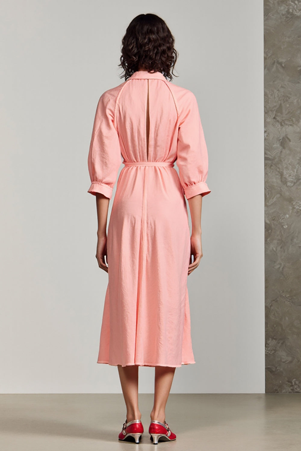 Rosa Polokragen A-Linie 3/4 Ärmel Hochzeitsgastkleid