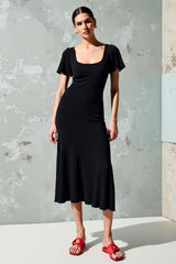 Schwarzes Hochzeitsgastkleid mit quadratischem Ausschnitt in A-Linie