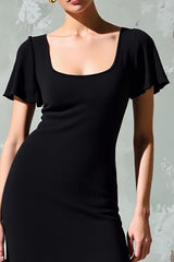 Schwarzes Hochzeitsgastkleid mit quadratischem Ausschnitt in A-Linie