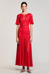 Rotes A-Linie Hochzeitsgastkleid aus Spitze mit Rundhals