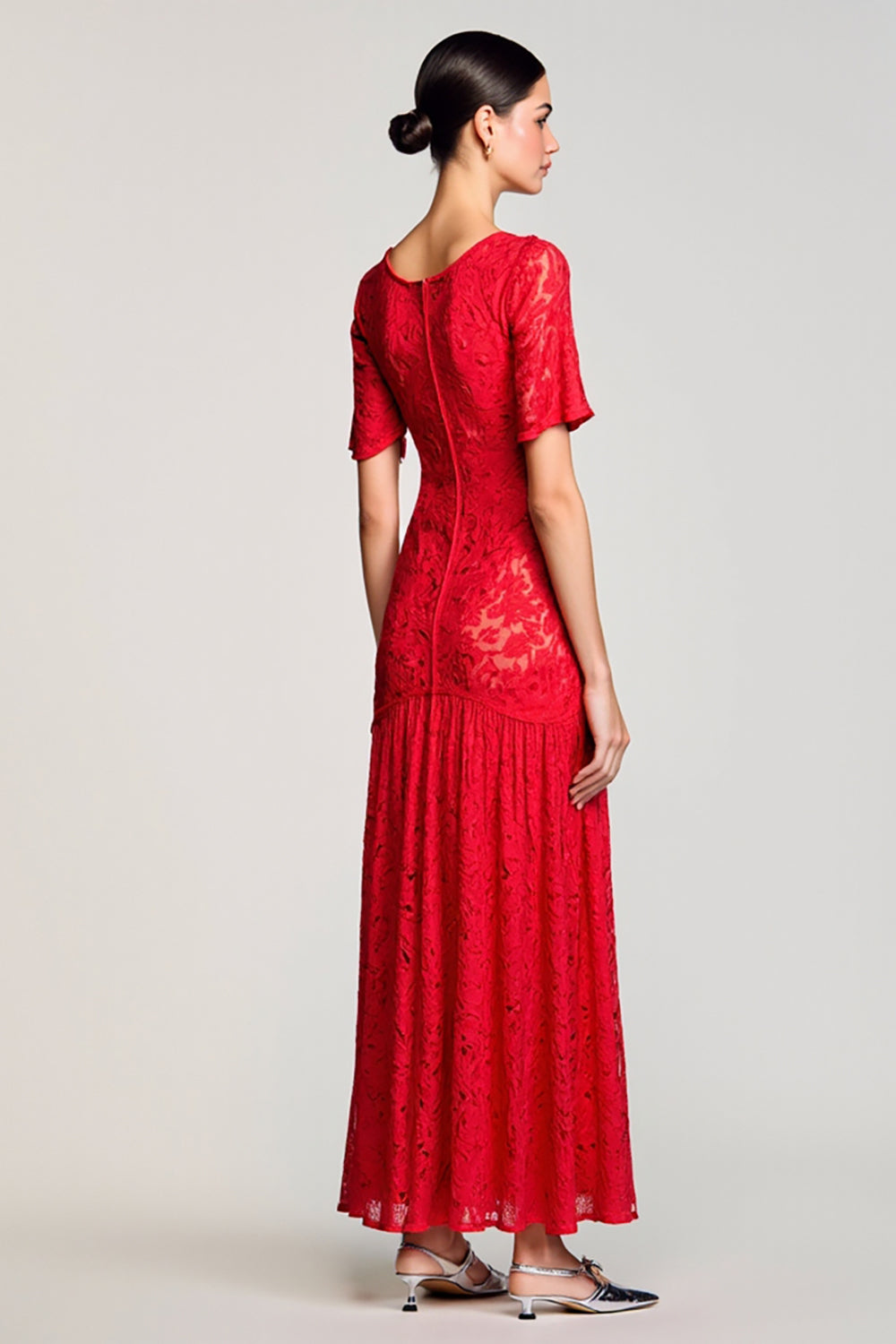 Rotes A-Linie Hochzeitsgastkleid aus Spitze mit Rundhals