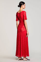 Rotes A-Linie Hochzeitsgastkleid aus Spitze mit Rundhals