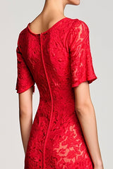 Rotes A-Linie Hochzeitsgastkleid aus Spitze mit Rundhals