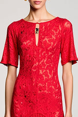 Rotes A-Linie Hochzeitsgastkleid aus Spitze mit Rundhals