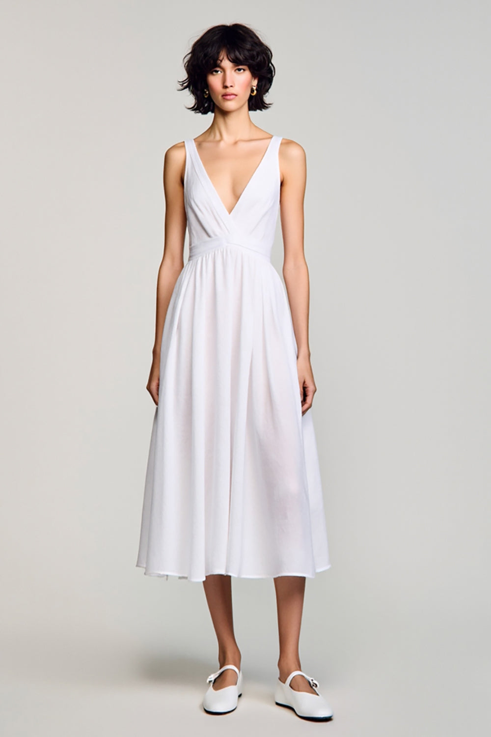 Weißes A-Linie Hochzeitsgastkleid mit V-Ausschnitt