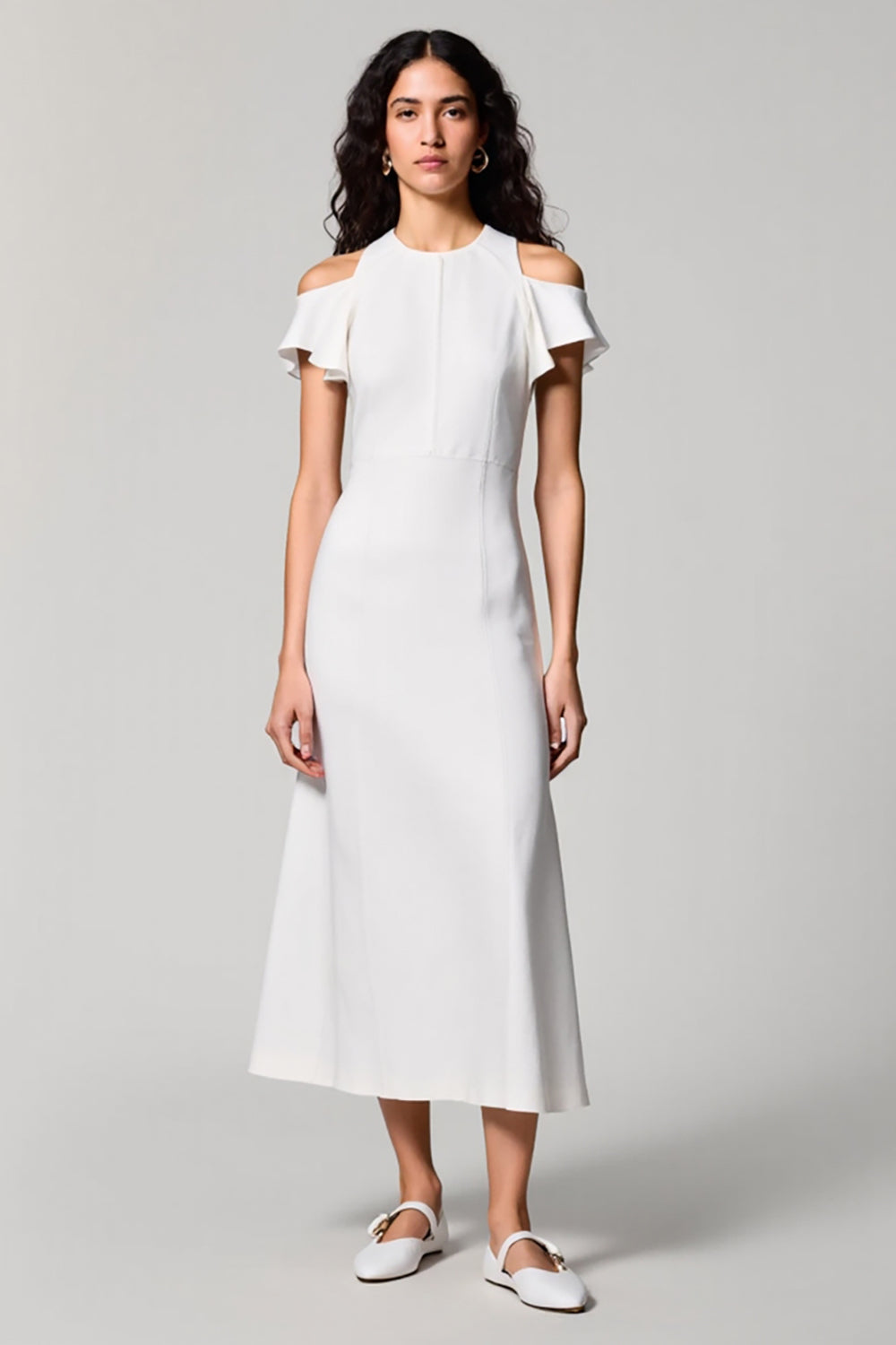 Weißes Kalte Schulter A Linie Hochzeitsgastkleid