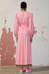 Rosa A Linie Langarm Kleid für Hochzeitsgäste mit Gürtel