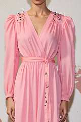 Rosa A Linie Langarm Kleid für Hochzeitsgäste mit Gürtel